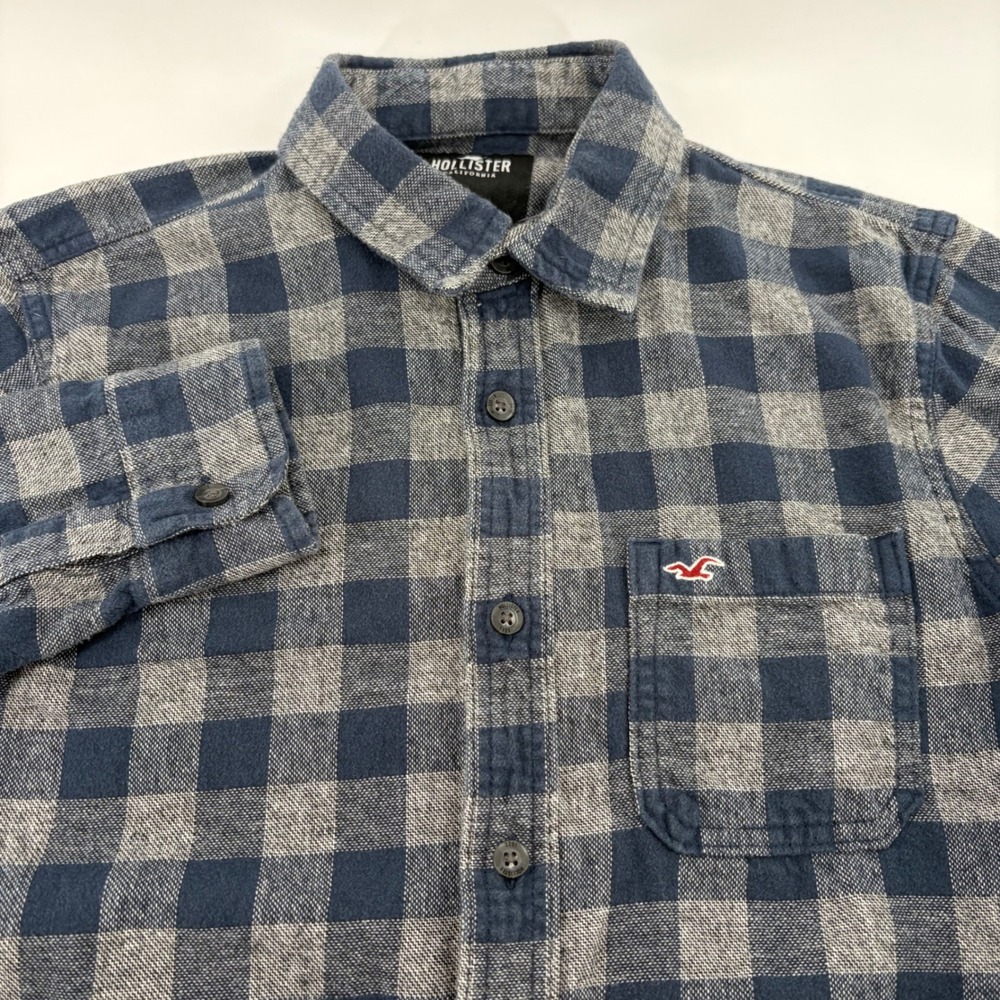 Hollister Mens Flannel Shirt M Navy Blue Grey Plaid Check Long Sleeve Cotton